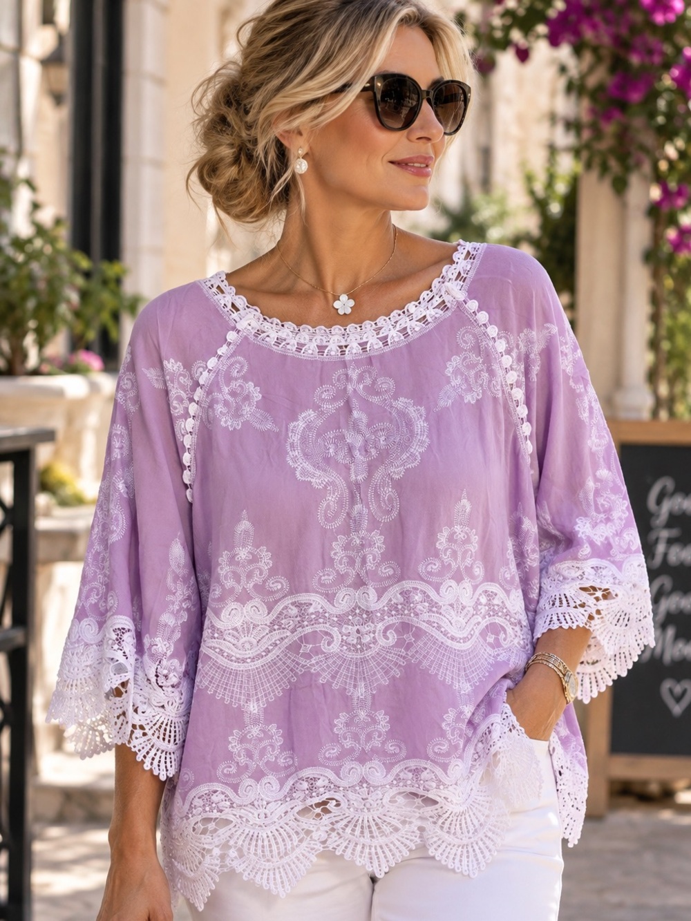 Leo & Nicole Wild Lavender Embroidered Lace Boho Top Size XL NWT